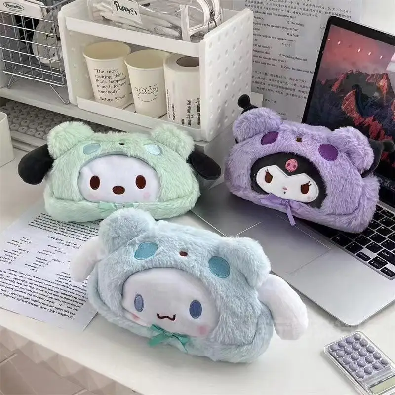 Kawaii Sanrio Plush Pencil Case Cinnamoroll Kuromi Makeup Bag Large Capacity Stationery Cosmetics Pencil Pouch Storage Bag Gift