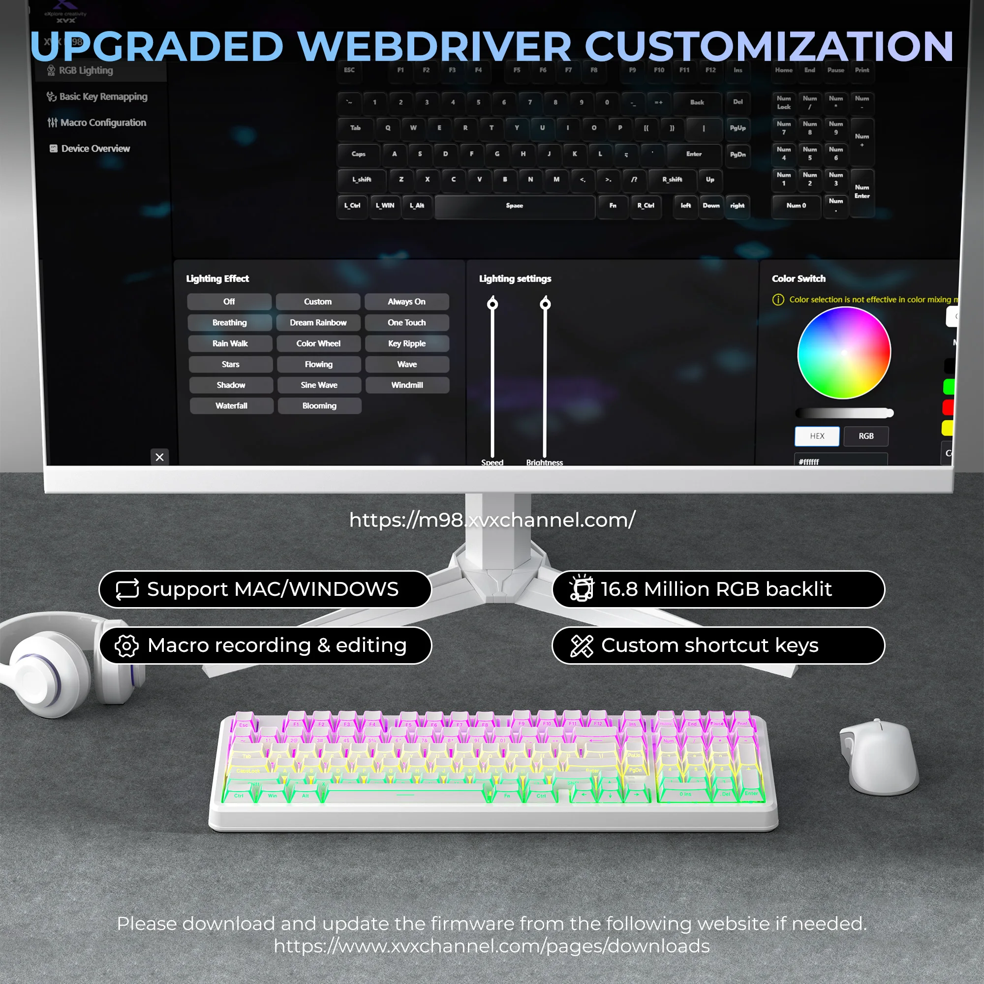 XVX M98 96% Wireless RGB Gasket Mechanical Keyboard with White Shadow Keycaps
