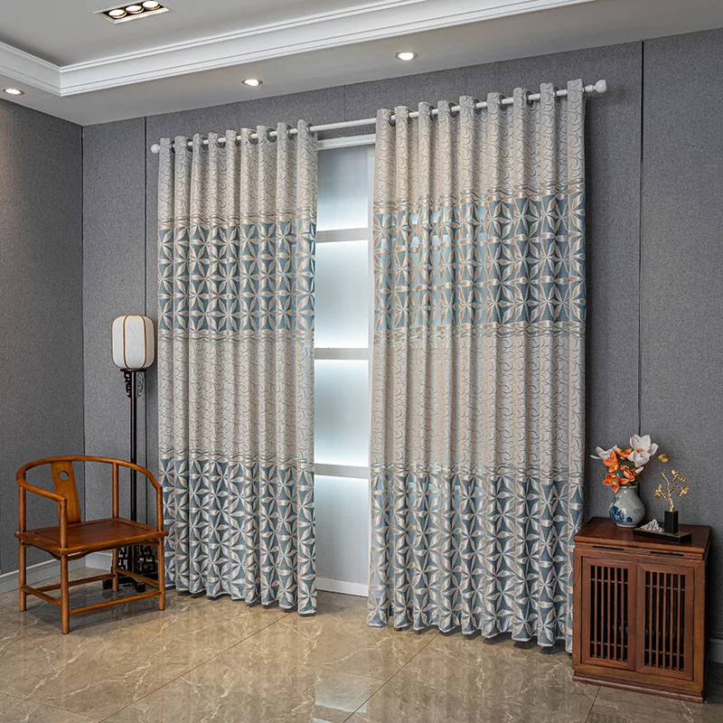 Atmospheric Thickened Light-transmitting and Shading New Chinese Style Jacquard Hollow Curtains for Living Dining Room Bedroom