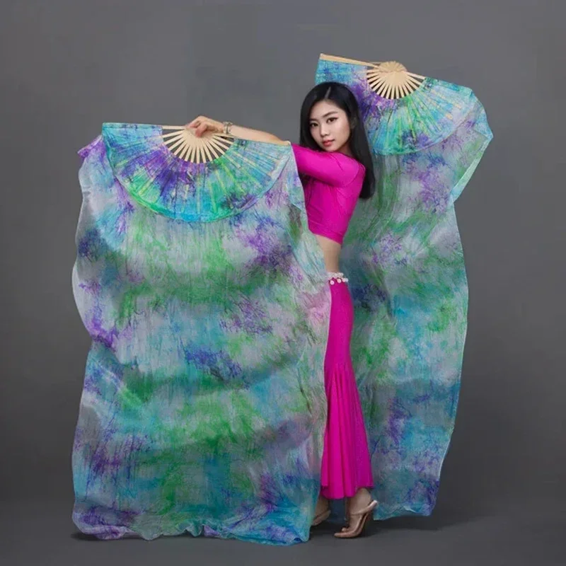 1 paire vente chaude teint 100% pur soie naturelle ventilateur voiles pour les femmes danse du ventre Performance ventilateur danse du ventre dégradé couleur soie ventilateurs
