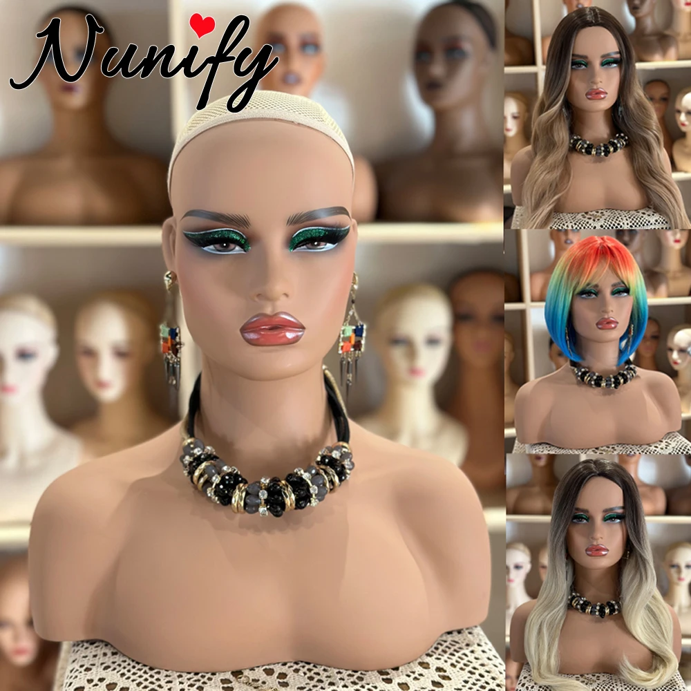 Nunify Mannequin Head With Shoulders Black Skin People Pvc Half Body For Wigs Display Female Model Beige Black Color 4Pcs/Box