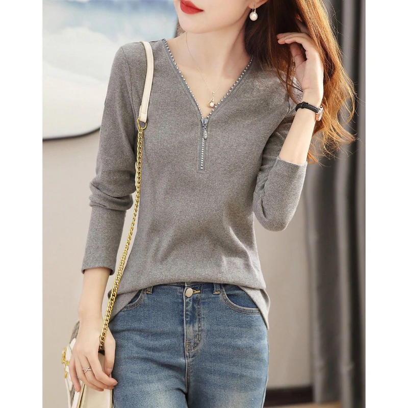 Spring Autumn Fashion V-neck Long Sleeve Solid Color Women\'s Clothing Zipper Trend Pullovers Simplicity All-match Knitting Tops