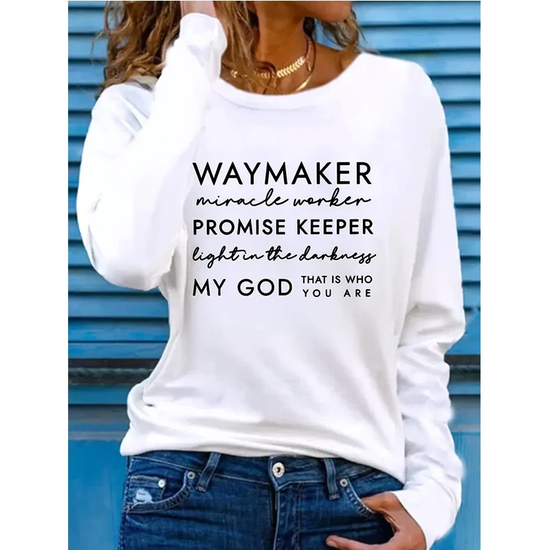 "Waymaker Miracle Worker Promise Keeper" Camiseta com estampa de citação inspiradora feminina casual gola redonda manga comprida roupas