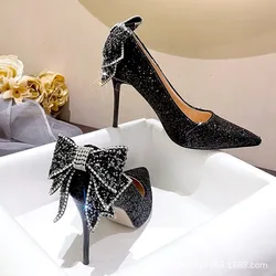 Luxury Silver French Fairy Style Crystal Diamond Women's Bow Bridal Wedding Shoes Pointed Thin Heels Beautiful Girls High Heels