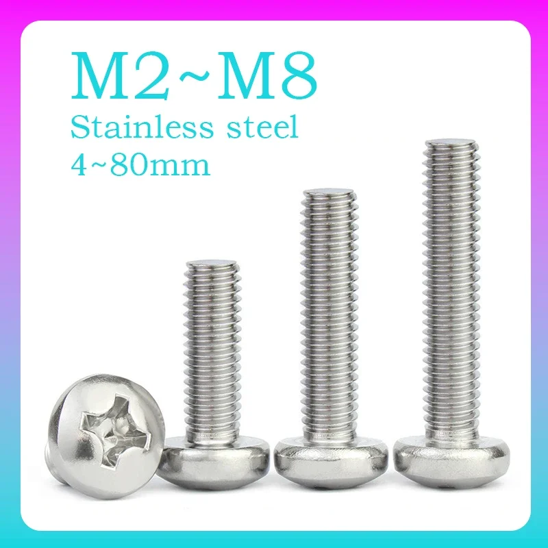 2~50 Pcs Round Phillips Screw M2 M2.5 M3 M3.5 M4 M5 M6 M8 316 Stainless Steel Cross Screws Phillips Round Bolt