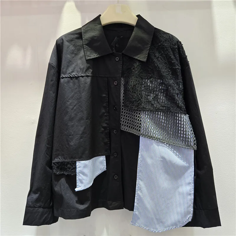 SuperAen European and American Style 2026 Autumn New Polo Collar Long-sleeved Asymmetrical Patchwork Lace Single-breasted Shirts view 3