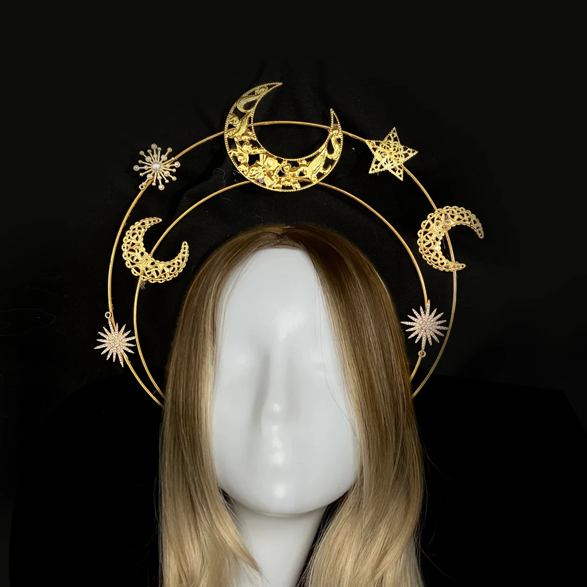 

Handmade Moon Star Filigree Sun Halo Crown Child Headpiece Wedding Gold Angel Tiara Headlights Maternity Photo Props Boho Bride