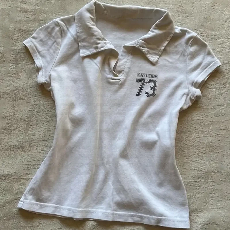 2000s التلبيب أرقام خطابات الصيف جعل المطبوعات القديمة جماليات الموضة قصيرة الأكمام تي شيرت المرأة المحاصيل القمم الشارع خمر القمم #2