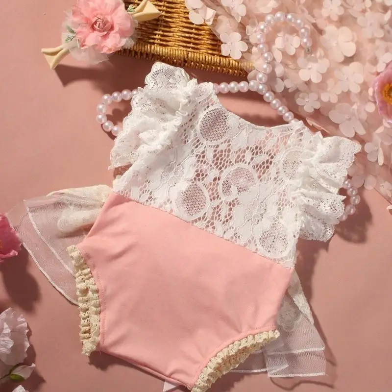 A5YC طقم بدلة رومبير مريحة للأطفال من الدانتيل مع كشكشة رقيقة وعقدة فيونكة لالتقاط صور أنيقة #5