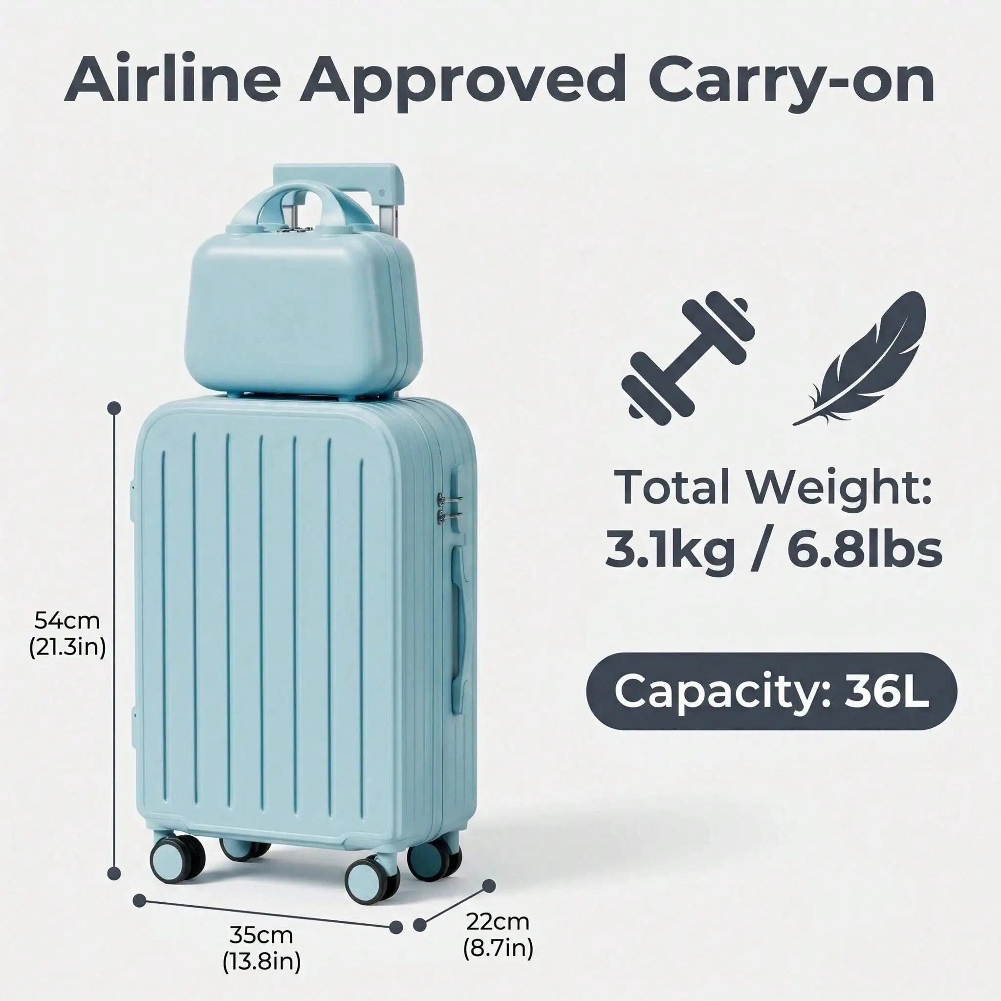 20 Inch Minimalist Hardshell Luggage with Makeup Case, Spinner Trolley Suitcase Equipped with Cup Holder & 360° Smooth Spinner Wheels, Large Capacity Hard Shell Travel Case for Men Women, Lightweight Carry On Luggage, Great for Business Trips, Vacations
