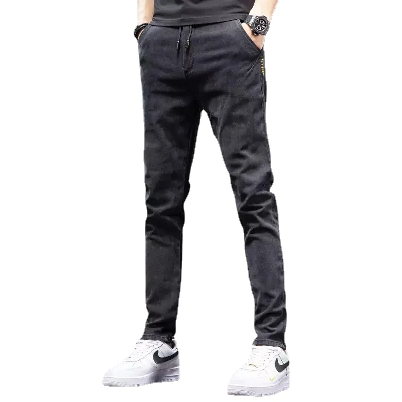 Autumn Elastic Waist Black Jeans Men Slim Fit Pencil Pants Korean Style Casual Drawstring Denim Trousers