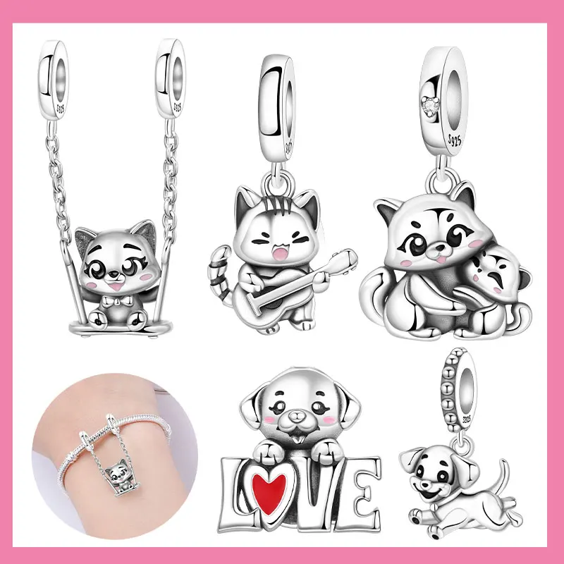 

925 Sterling Silver Pet Series Puppy Loves The Owner and Swings The Kitten Charms Beads for Original Bracelet Woman Girl Jewelry