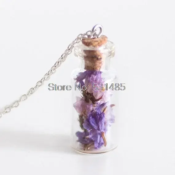 

12pcs/lot Mini Dried Limonium Flower Glass Bottle Necklace Lavender Mori Girl Violet Purple Forget Me Not