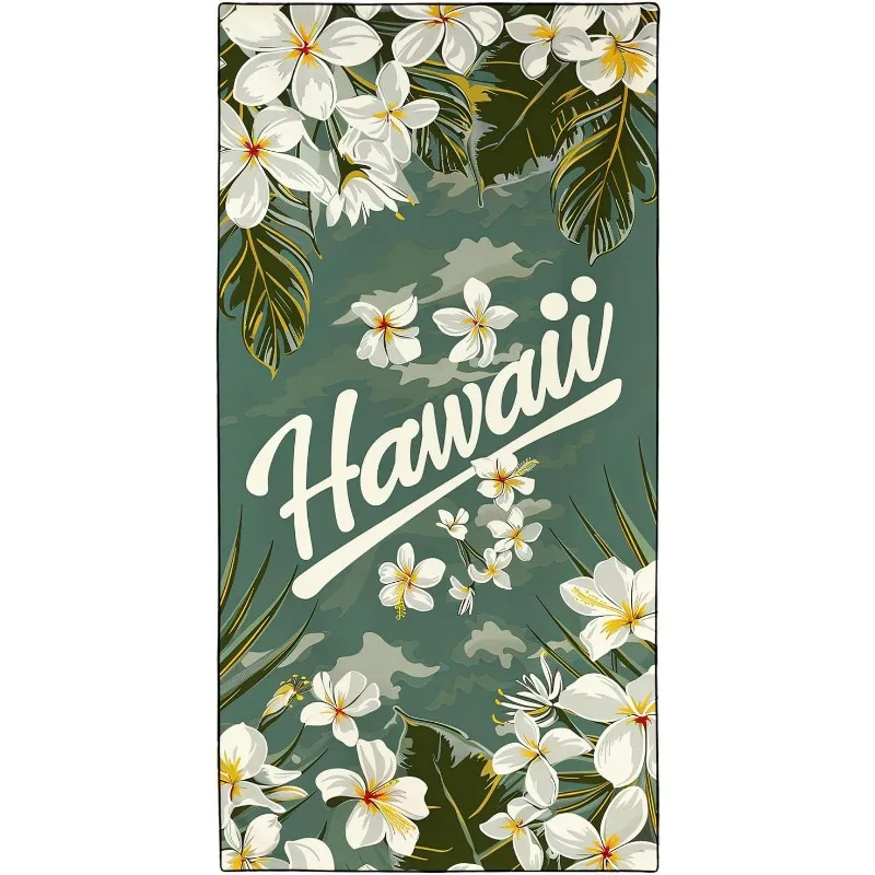Hawaii Beach Towel - White Plumeria & Tropical Leaves Print, Soft Microfiber Quick Dry Sand-Free for Travel Pool