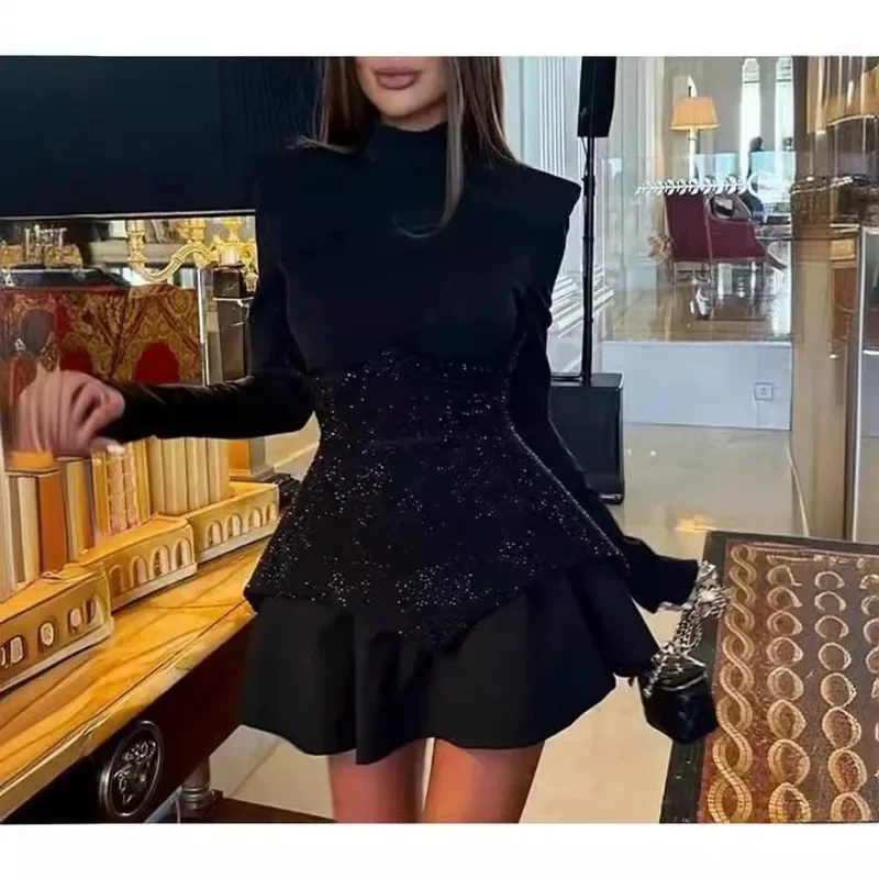 New Fashion Splicing Sequins Long-sleeved Crew Neck Short Dresses Sexy Party Vacation Little Black Dress for Women