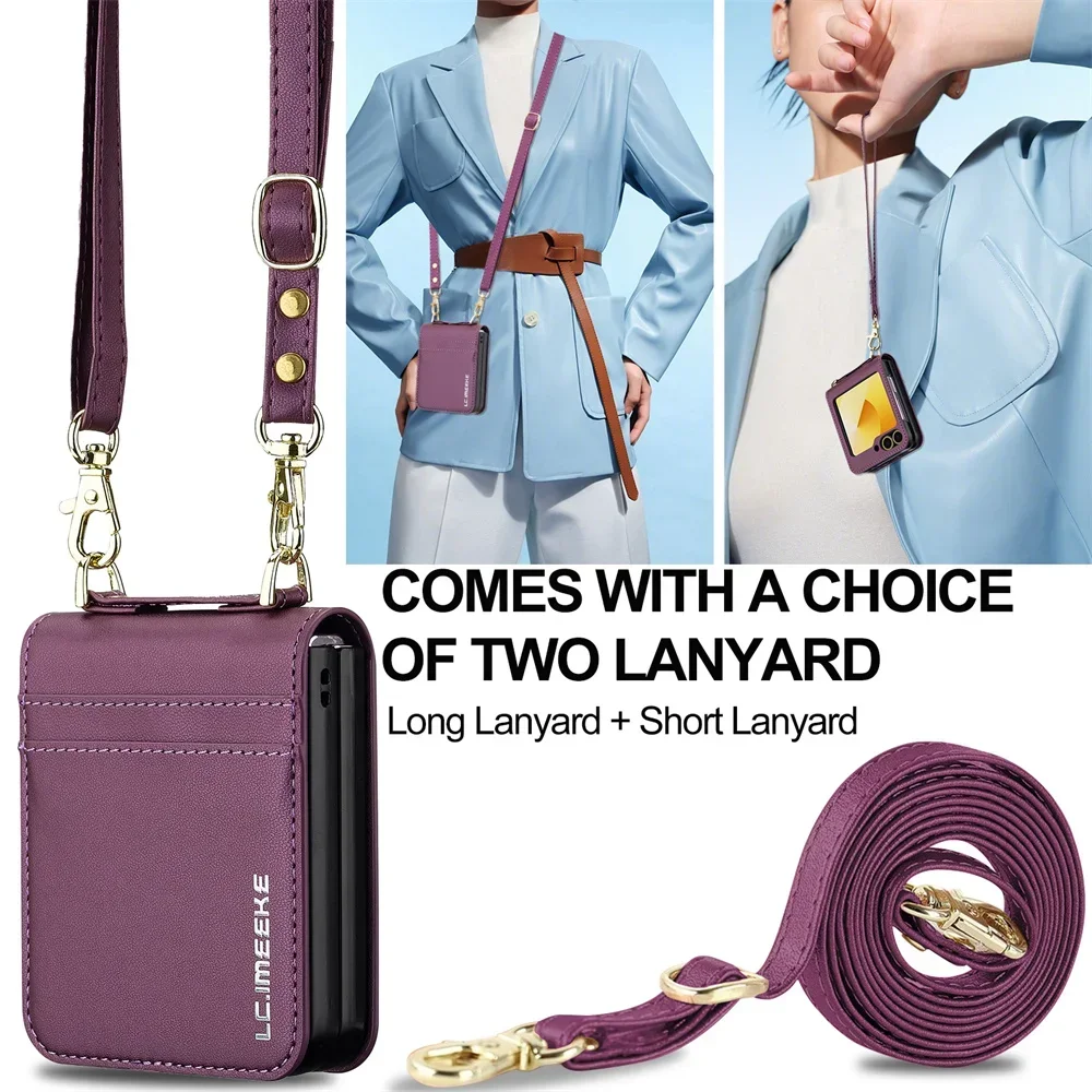 Funda de teléfono tipo billetera cruzada para Samsung Galaxy Z Flip 7 FE 6 5 4 3 Flip6 Flip7 5G con tarjetero correa para la muñeca cordón de cuero