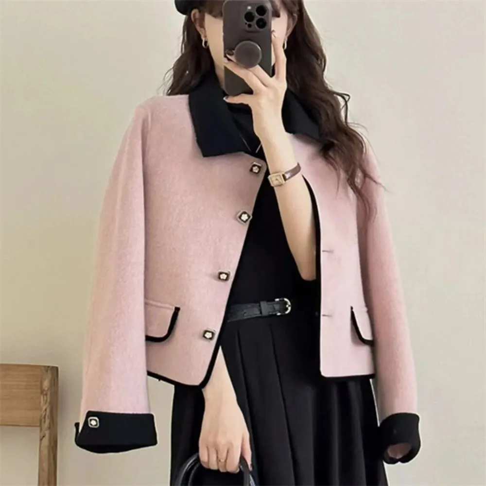 

Woolen Jacket Women NewAutumn winter Patchwork Single Breasted Solid Color Short Casual Korean All-Match Wool Coats Ladies Tops