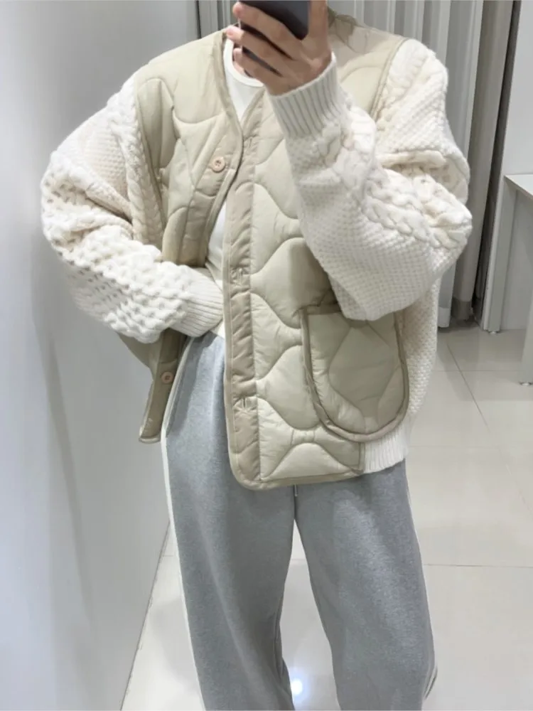 

Patchwork Knitted Jacket Coat Women Autumn Winter 2024 New Fashion Korean Oversize Casual Warm Coats Pocket Long Sleeve Jackets