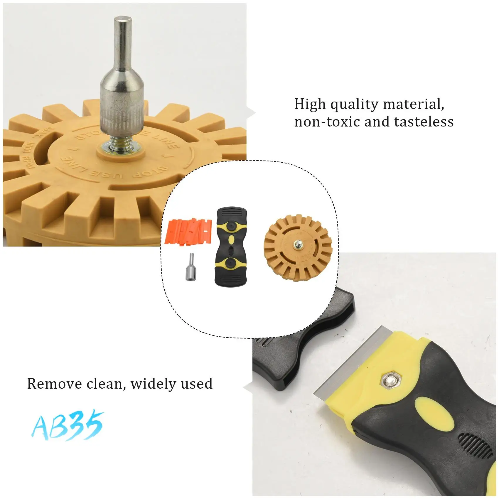 

AB35-Eraser Wheel Decal Remover Set 4 Inch Adhesive Sticker And Vinyl Remover With Plastic Razor Blades And Drill Adapter