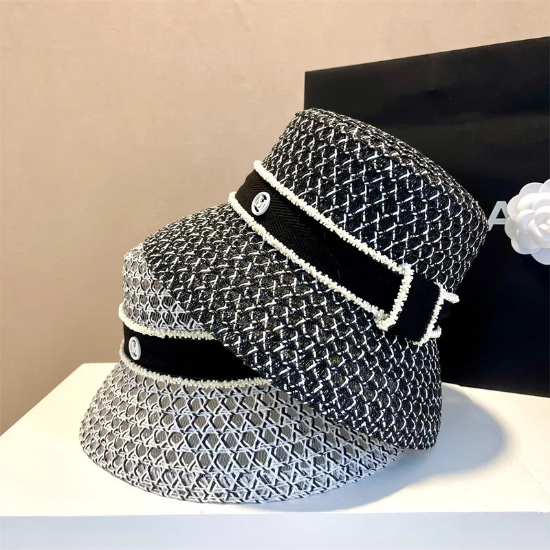 Style M Logo Pearl Bucket Hat for Women,Summer Hollow Breathable Straw Sun Cap,Wide Brim UV Protection Beach Hat,Foldable Travel