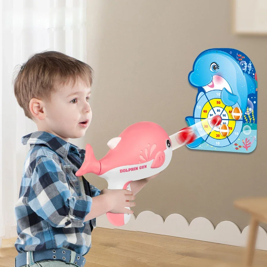 Pistolas de juguete de bola pegajosa de delfín para niños, tablero de dardos de bola pegajosa de eyección, placa de objetivo, juegos de tiro deportivos divertidos de dibujos animados