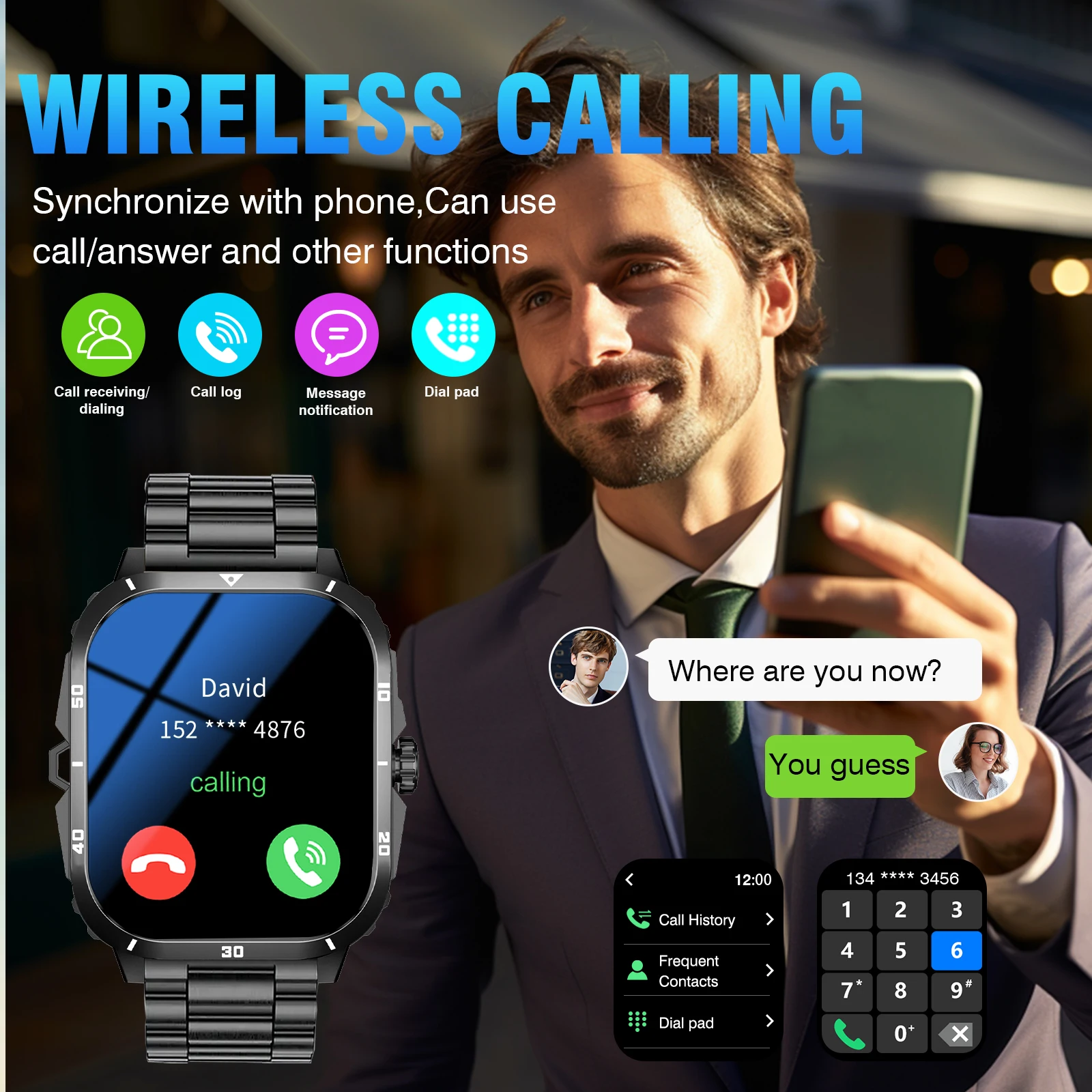 رسالة الرد على المكالمات Smartwatch 2025، جهاز تعقب اللياقة البدنية، عداد الخطى، مراقبة الصحة