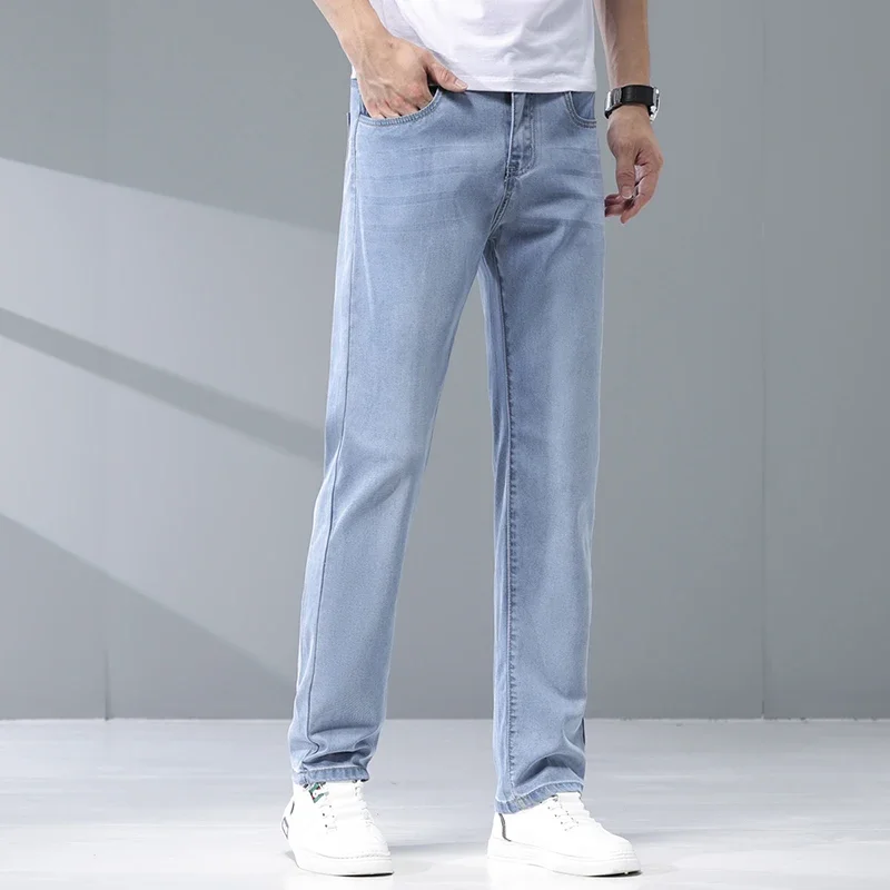 

2025 Summer Classic Lyocell Thin Straight Jeans for Men Business Casual Soft Fabric Elasticity Denim Trousers Male Brand