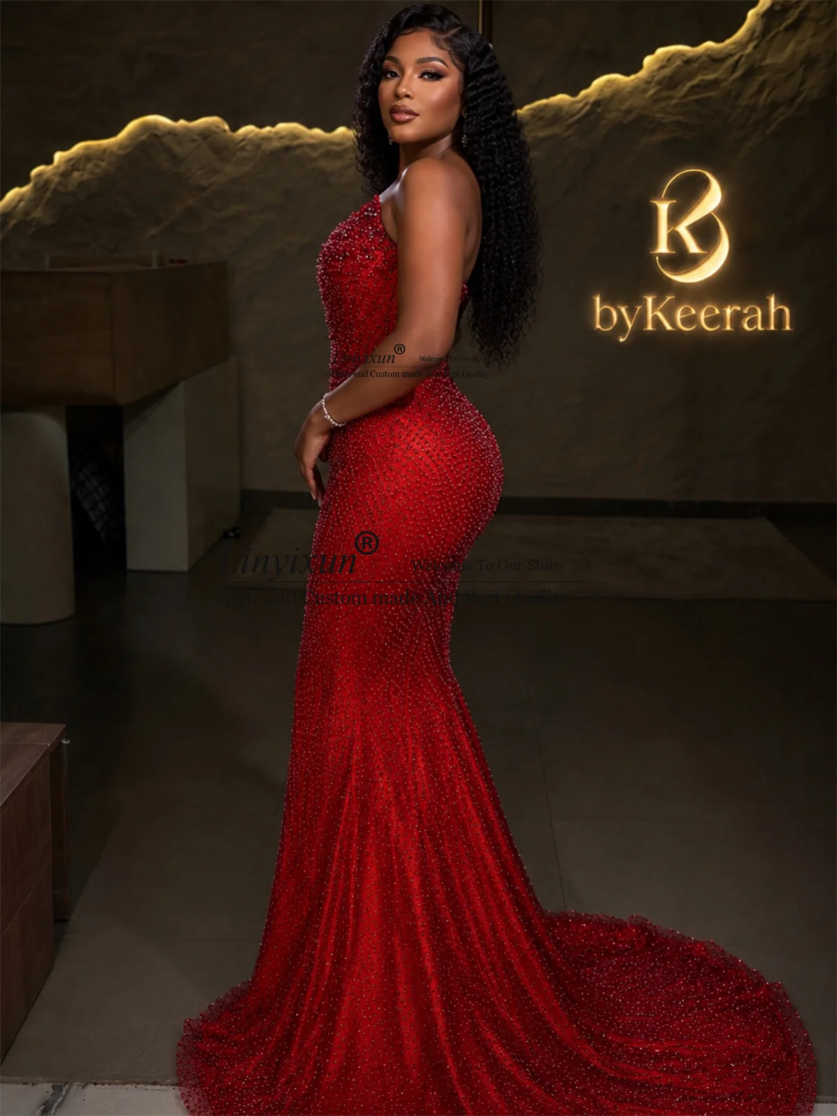 Glitter Sequins Lace Diamond Mermaid Prom Dress Aso Ebi Long Wedding Party Dress Customized Diamond Birthday Evening Gala Gown