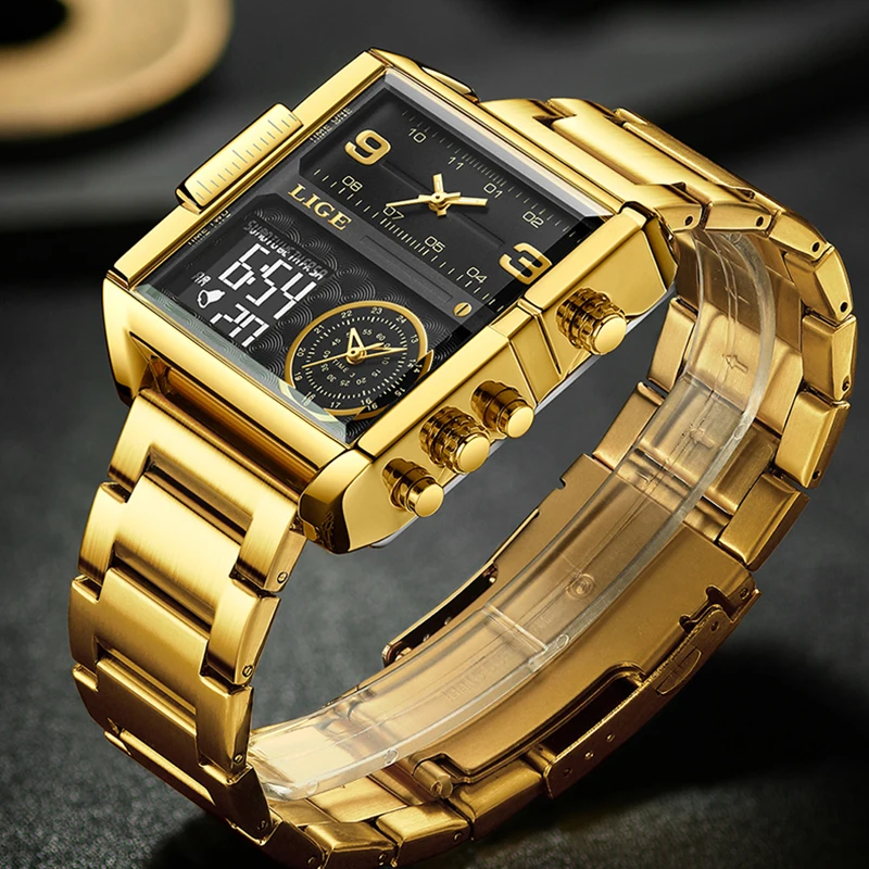 LIGE New Top Brand Luxury Fashion Men Watches Gold Steel Sports Square Digital Analog Big Quartz Watch for Man relogio masculino