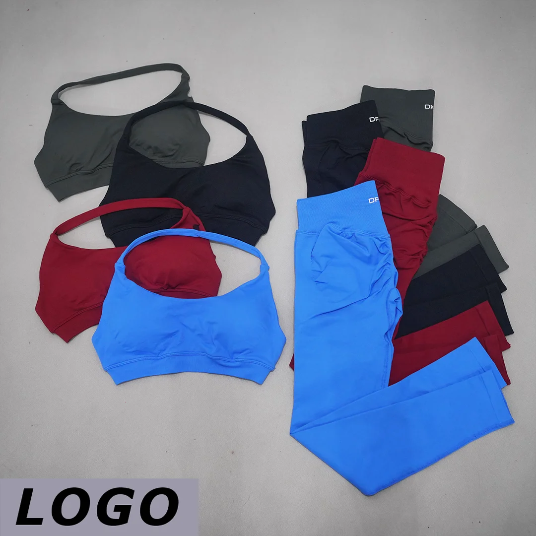LOGO DF Women 2‑Piece Seamless Workout Set Lace Up Yoga Bra High Waist Slim Pants Breathable Gym Cycling Running Fitness Sports