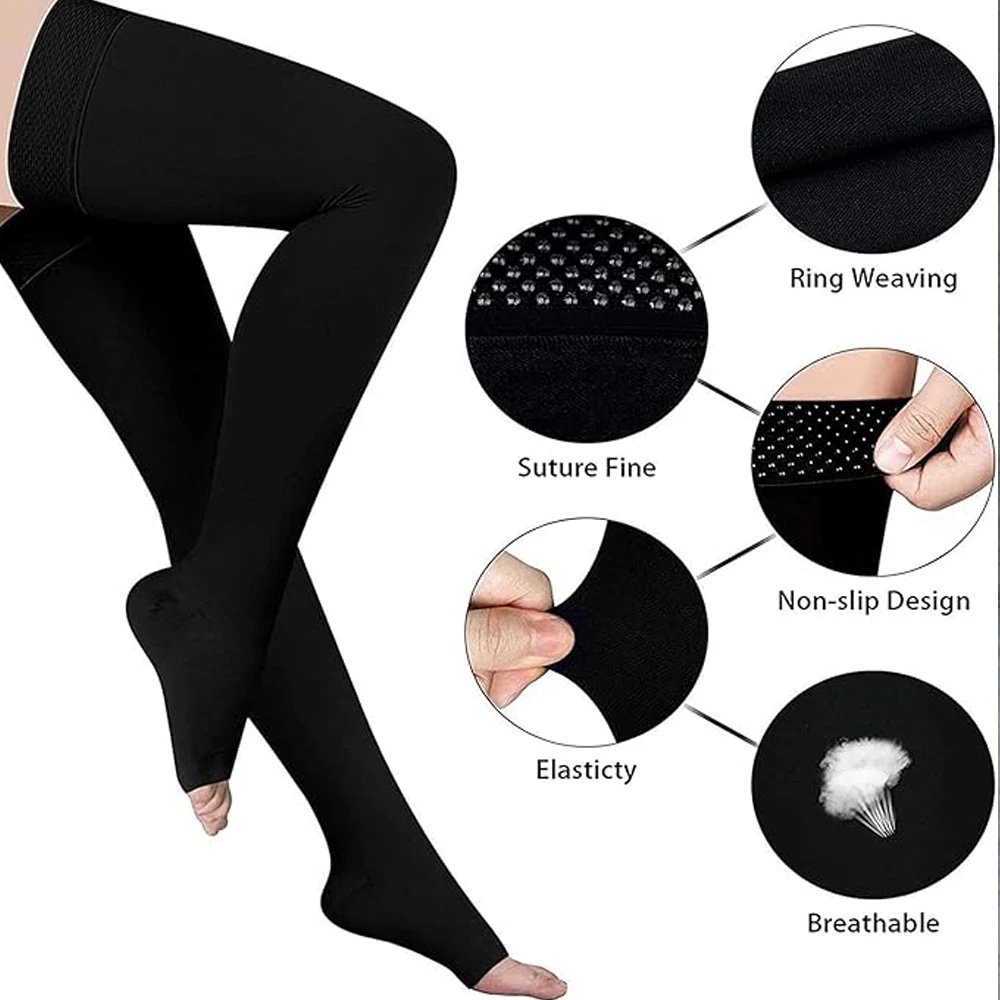 1Pair Thigh High 20-32 mmHg Compression Stocking Toeless Compression Socks for Women & Men circulation with Silicone Dot Band
