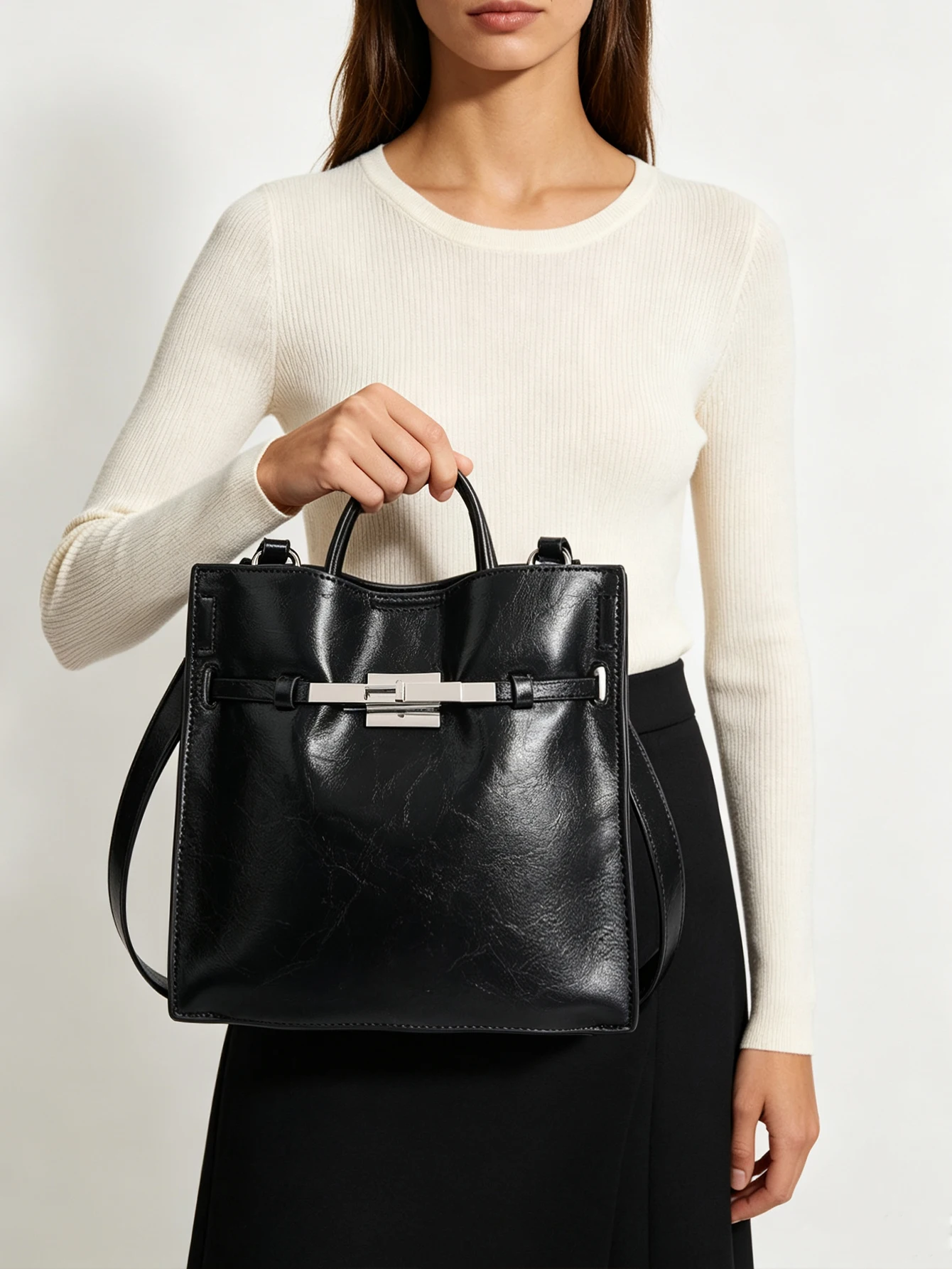 Luxuriöse, gewachste Leder-Handtasche im Retro-Stil, kleine quadratische Tasche für Damen, elegante, schlichte Business-Reisetasche – Detail 2