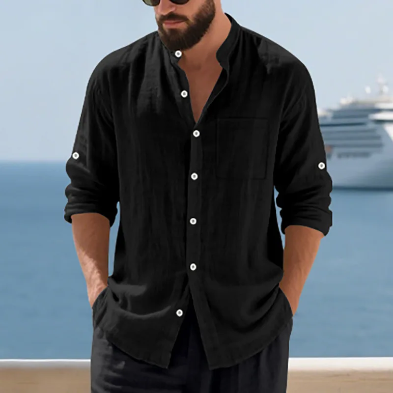 Cross-border Men's Autumn New Linen Shirt Men's Beach Casual Button-up Cardigan Long-sleeved Shirt