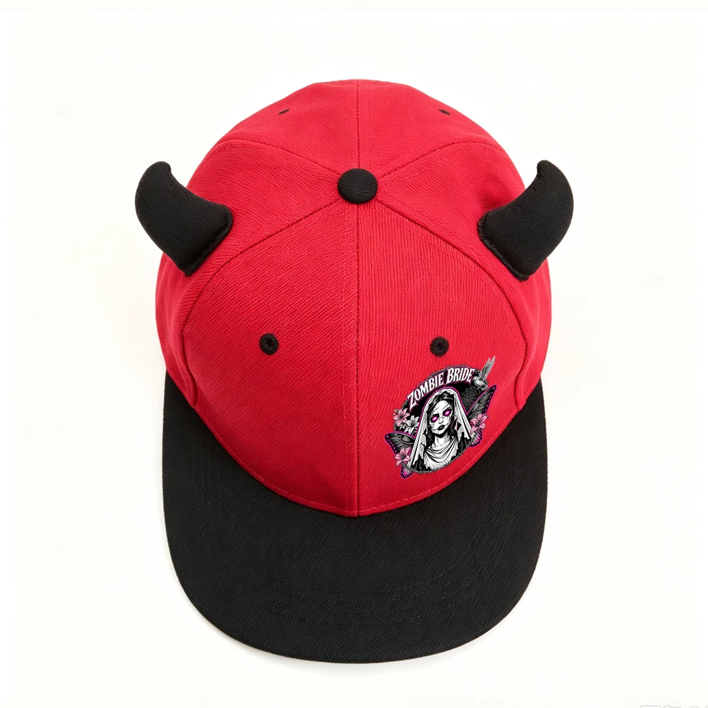 1PC Zombie Bride Devil Horn Baseball Cap, Halloween Gothic Flat Brim Hat with Red Demon Horns