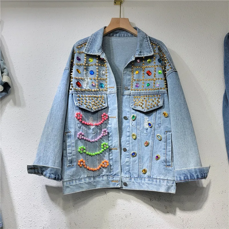 

Vintage Blue Rivet Beading Denim Jacket Women Loose Short Cowboy Outerwear Autumn Korean Holes Big Pocket Jeans Jacket Female