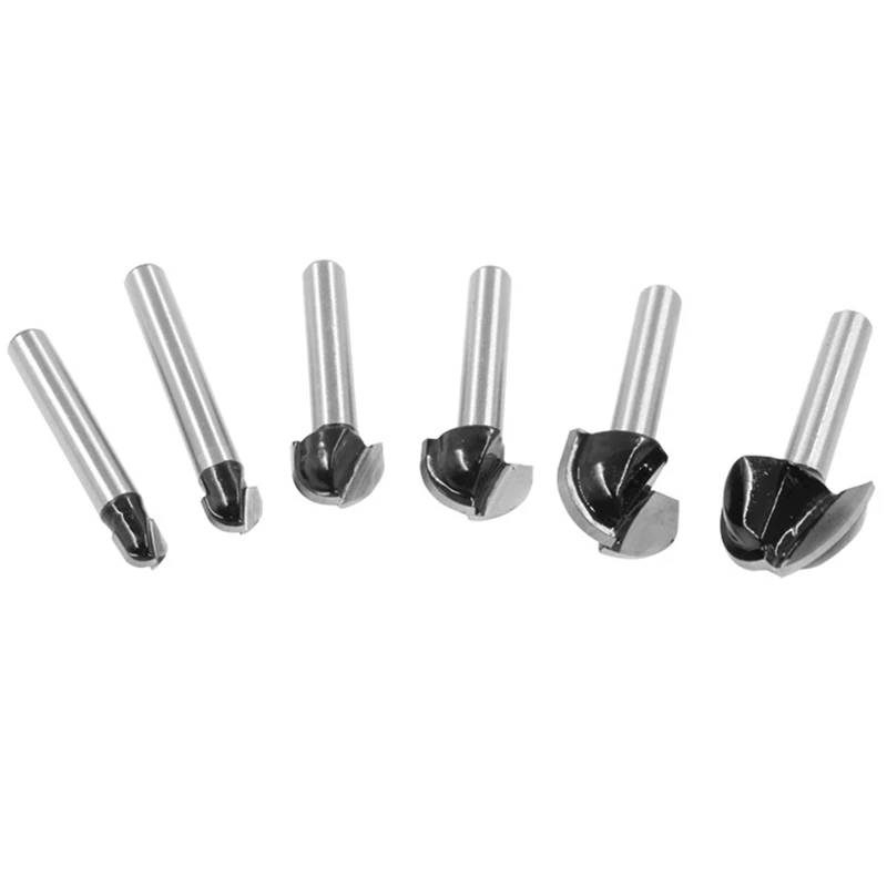 1/4 Handle Woodworking Milling Cutter Set 6Pc Round Bottom Knife Semi-Spherical Head Relief Arc Carving Tool Easy Install