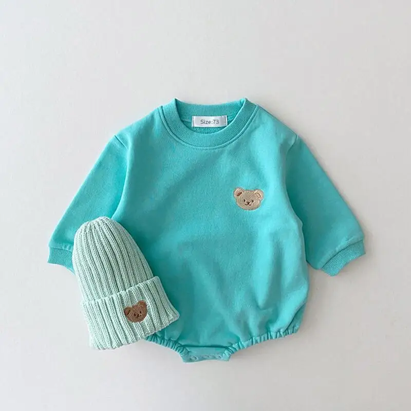 Korean Autumn Baby Unisex Boys and Girls Newborn Bodysuit Infant Clothing Long Sleeve Cartoon Bear Embroidery Short Jumpsuit