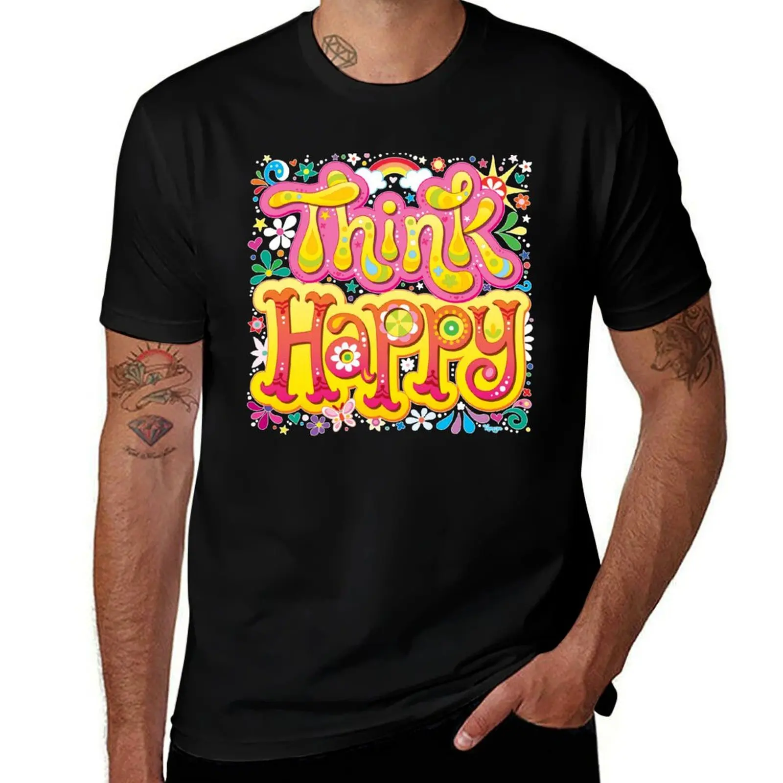 Think Happy - Colorful Hand-Lettering Mantra Art by Thaneeya McArdle T-Shirt customs mens graphic t-shirts anime