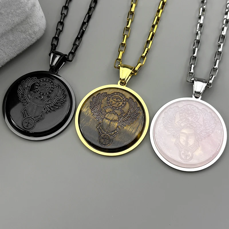Natural Stone Egyptian Scarab Eye of Ra Horus Symbol Necklaces Stainless Steel Gold Color Ankh Key Of Life Necklace Jewelry Gift