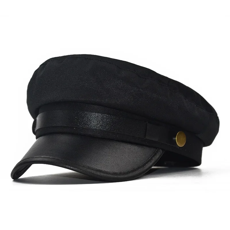 Chapéu militar de couro PU para homens e mulheres, chapéu preto de marinheiro, viagem e estudante, chapéu capitão, parte superior plana do exército,