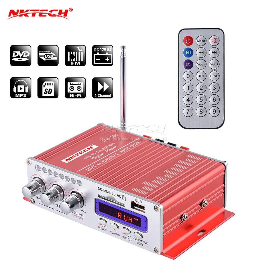 NKTECH HY-504 Car Audio High Power Digital Amplifier 4CH x 45W Hi-Fi FM Radio Player Support SD USB DVD MP3 Motorcycle Vehicle