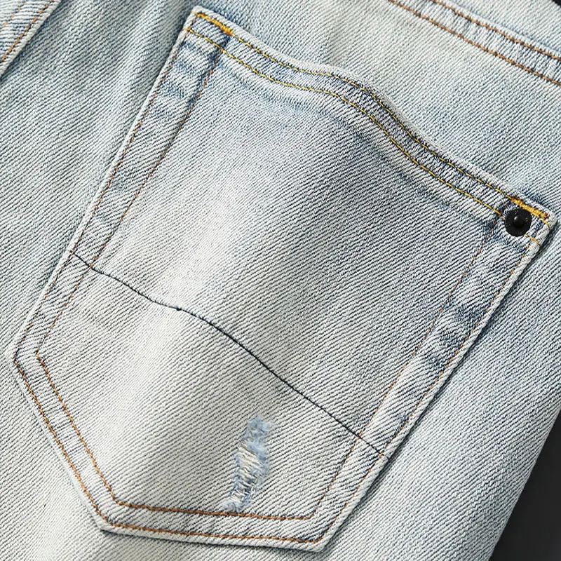 Jeans masculino estilo italiano retro lavado azul claro, jeans ondulado elástico slim fit, moda rua, alta qualidade