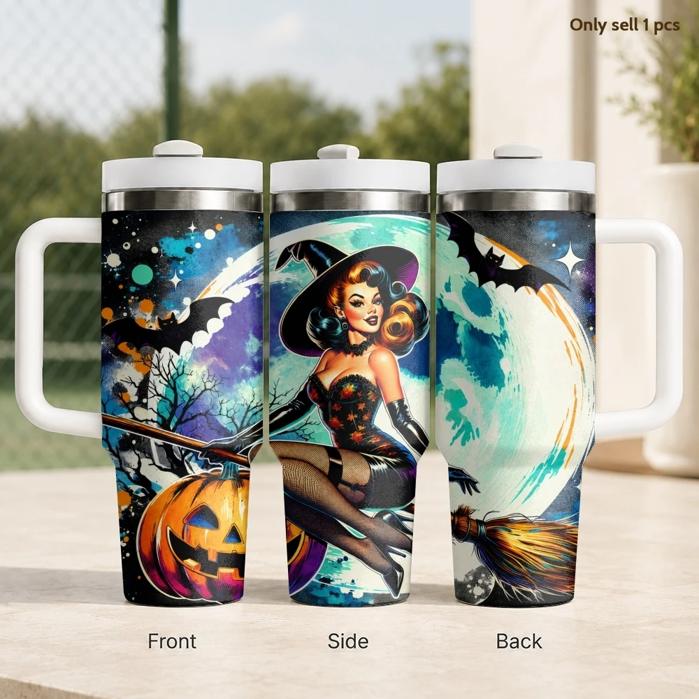 Retro Witch Design Vacuum Flasks 40oz Stainless Steel Travel Tumbler with Handle Straw Lid Double Wall Vacuum Insulated