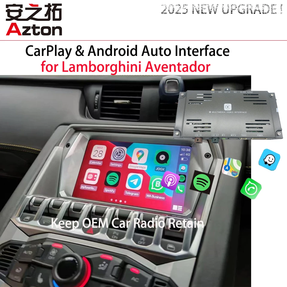 AZTON Bluetooth Music Sygic Waze TomTom GO Navigation Android Apple CarPlay Solution for Lamborghini Aventador