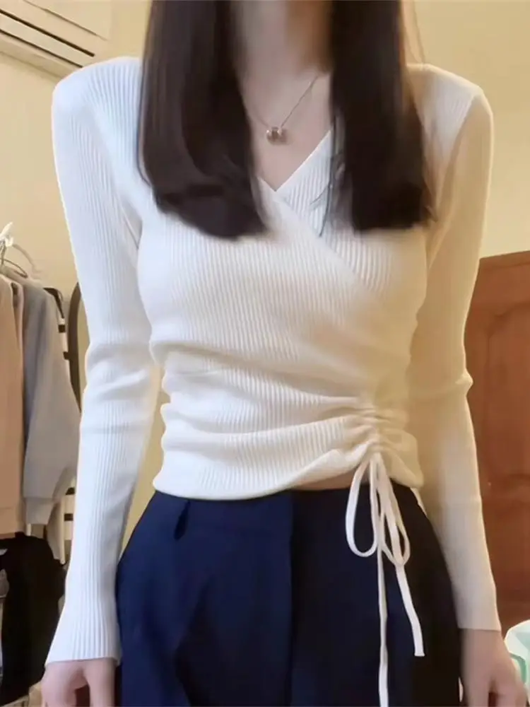 

Женский трикотаж V-Ne Long Sve ort Sle Внутренняя одежда Топ Весна Осень Белый цвет Дизайн Sense Base irt Commute Sle