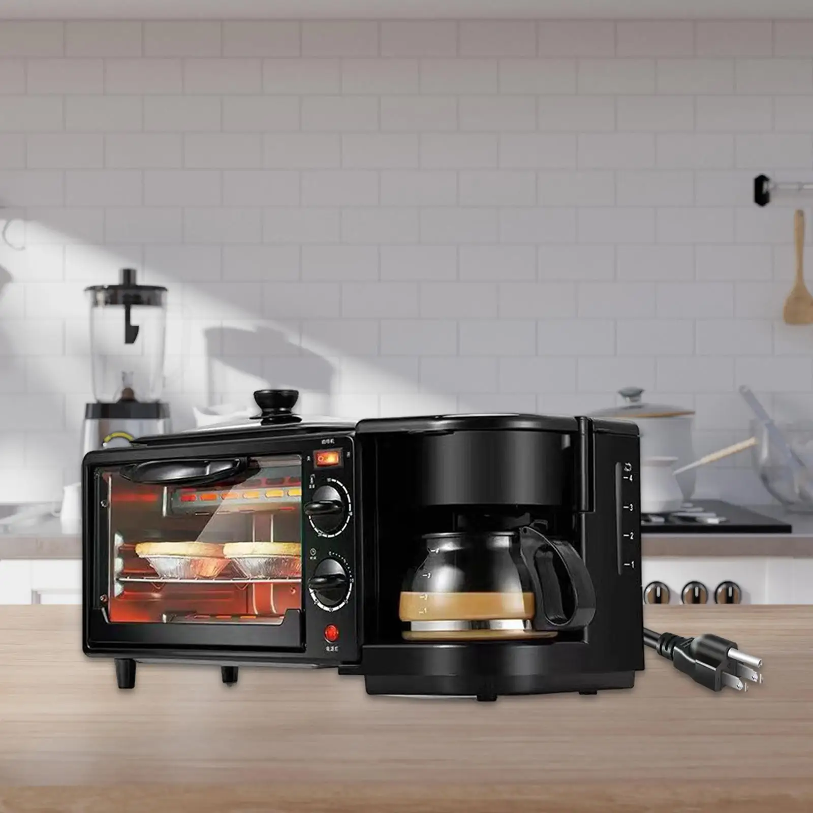 Máquina de desayuno 3 en 1, plancha para parrilla, pequeños electrodomésticos de cocina, horno tostador con temporizador, incluye cafetera para salchichas y huevos