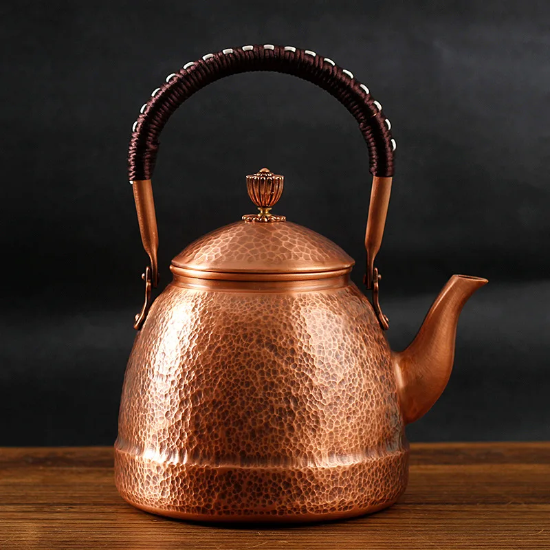 Handmade Retro Hammered Copper Teapot, Uncoated Hand Hammered Purple Copper Teapot, Red Copper Handle Teapot, Boiling Kettle