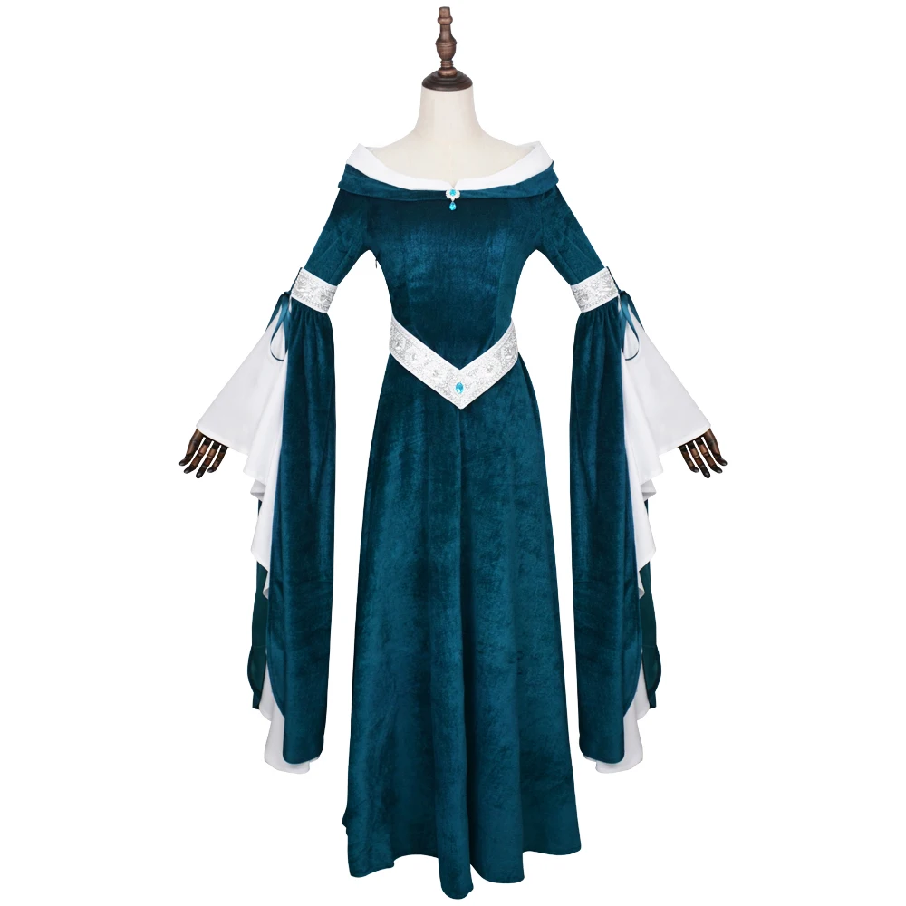 

Medieval Fantasy Elf Princess Gown Teal Velvet Off Shoulder Long Dress Chiffon Flare Sleeve Halloween Carnival Party Fancy Dress