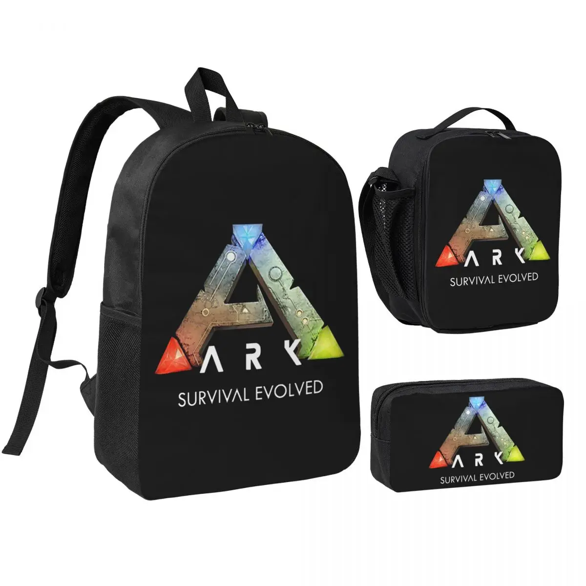 Ark Survival Evolved Sac à dos noir pour étudiants, sac d'école, sacs à bandoulière, 3 pièces, sac à déjeuner isotherme, trousse à crayons