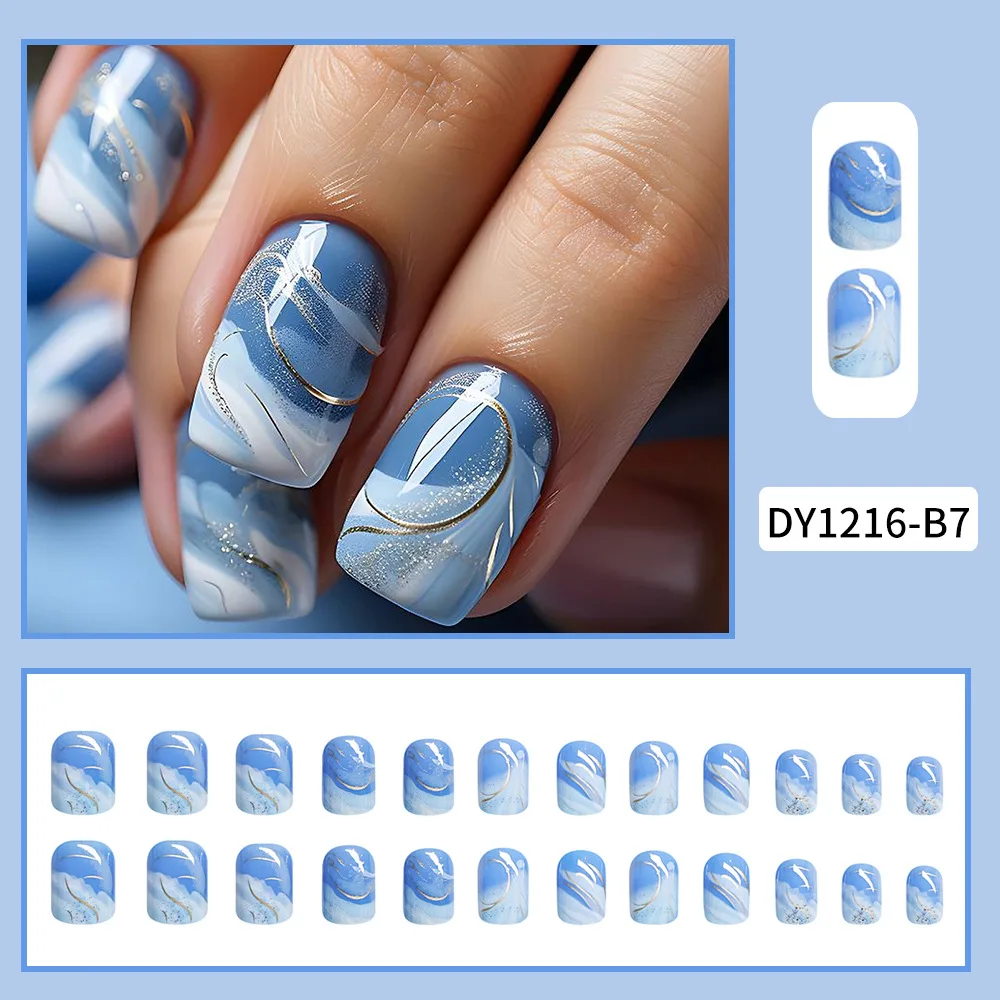 

24pcs almond-shaped wearable nails fresh and elegant hand-painted blue and white gradient pressable nail tips summer nail set